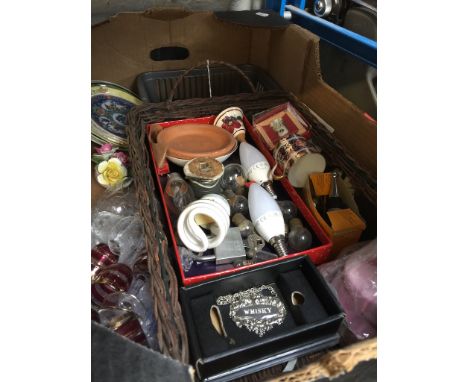 BOX CONTAINING ORNAMENTS, LIGHT BULBS, GLASSES ETC.