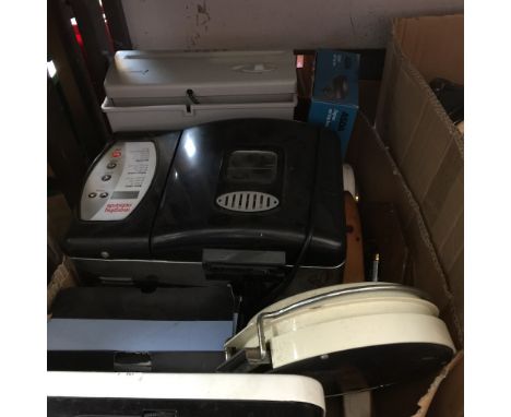 BOX OF KITCHEN ITEMS, HAND MIXER, DEEP FAT FRYER, KITCHEN SCALES