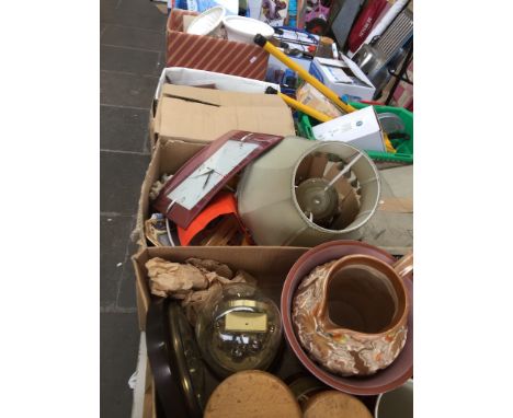 6 BOXES OF HOUSEHOLD ITEMS, CLOCK, TABLE LAMP ETC