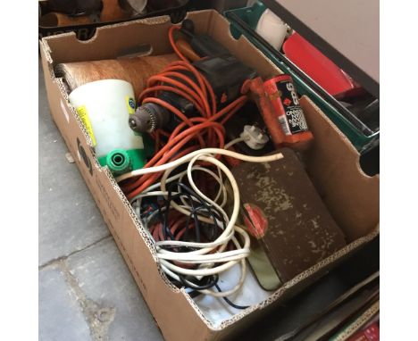 BOX OF TOOLS, ELECTRIC DRILL, BLOWTORCH, ROLL OF TWINE