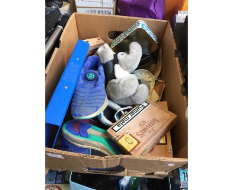 BOX OF MISC., SHOES, ALARM CLOCK ETC.
