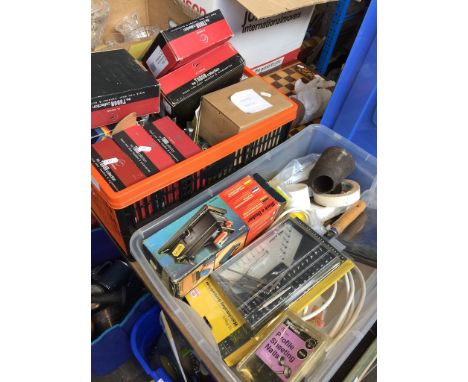 2 BOXES CONTAINING TOOLS, DOOR HANDLES, CHAIN BOLTS ETC.