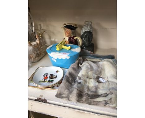 UTTERLY BUTTER DISH, TWO NORMAN THELWALL DISHES, CARVED AFRICAN STONE BUST, TONYWOODS TEAPOT, ROYAL ALBERT TRAY AND A SILK CL