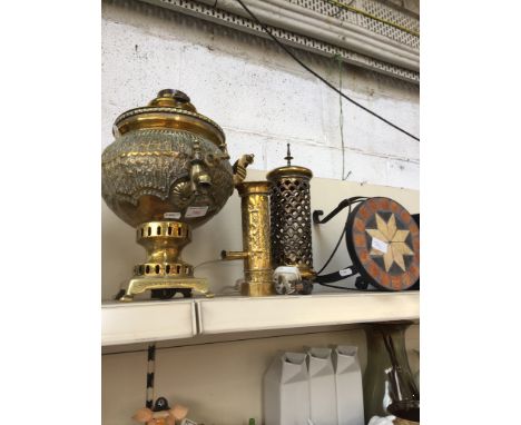 3 BRASS ITEMS INC A LAMP AND A SAMOVAR  TOGETHER WITH A SMALL STOOL   J5