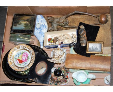 A box of miscellaneous items to include an early 20th century continental porcelain model of a turkey, a Japanese model of a 