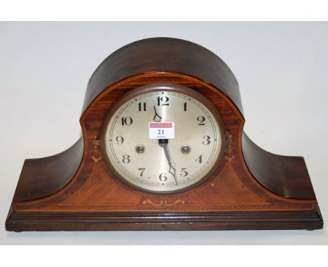 An Edwardian mahogany and chequer strung mantel clock having a silvered dial with Arabic numerals and eight day movement