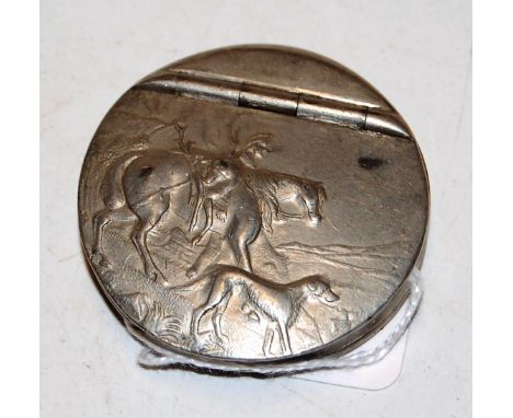 An early 20th century pewter pocket snuff box, the hinged lid relief decorated with a hunting scene, by James Dixon & Sons