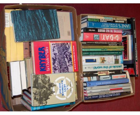 Two boxes of assorted military related books to include Waffen SS An Illustrated History by Adrian Gilbert, George Forty US A