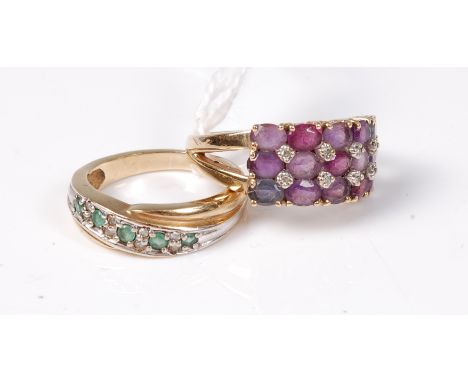 A 9ct emerald ring, size L, and a 9ct three row amethyst ring, size L-M, (7g gross)