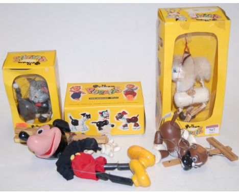 Three boxed Pelham Puppets to include A5 foal, A8 cat, A7 Bengo, together with one other loose Mickey Mouse Pelham Puppet (4)