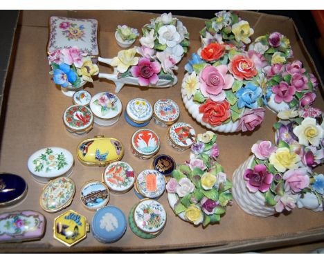 A box of miscellaneous china to include Coalport flower posies, Wedgwood blue jasper ware trinket jar and cover, various othe