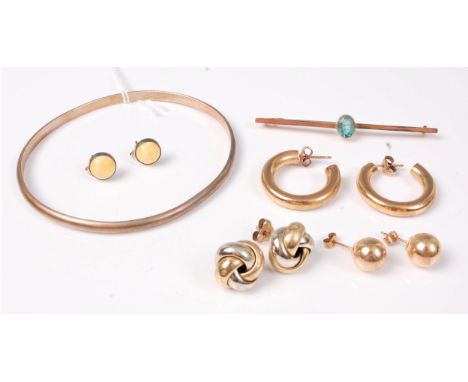 Three pairs of 9ct earrings and a blue paste 9ct bar brooch, ((8.3g) a pair of silver and butterscotch amber earstuds and a b