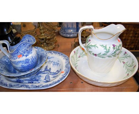 A Victorian W Wileman blue & white transfer decorated wash jug and bowl, together with a Victorian blue & white transfer deco