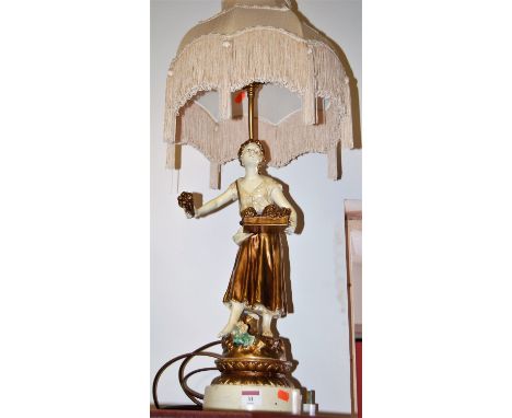 An early 20th century figural lamp base in the form of a female flower seller, with silk shade