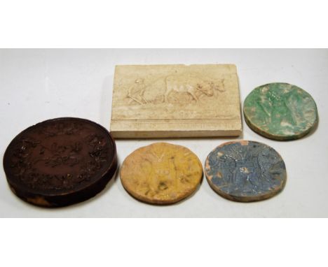A set of seven copper portrait plaques each depicting a French dignitary together with various plaster portrait roundels, etc