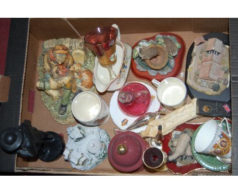 Two boxes of miscellaneous items to include lace and linen, Coronation tankard, oak cased mantel clock, copper warming pan et