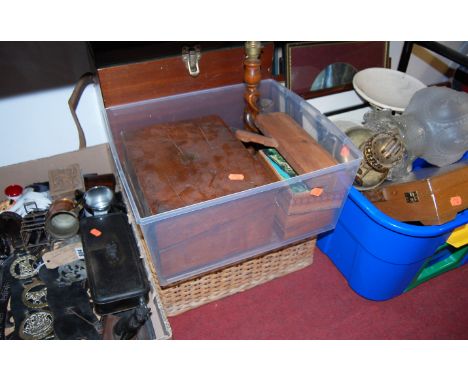 A large collection of miscellaneous items to include horse brasses, a brass oil lamp and moulding plane etc.