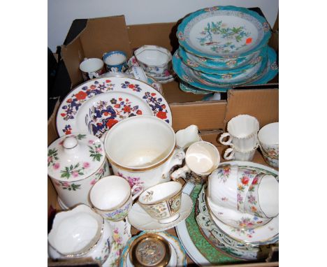 Two boxes of miscellaneous china to include Aynsley vase in the Pembroke pattern, Royal Crown Derby Green Derby Panel teacup,