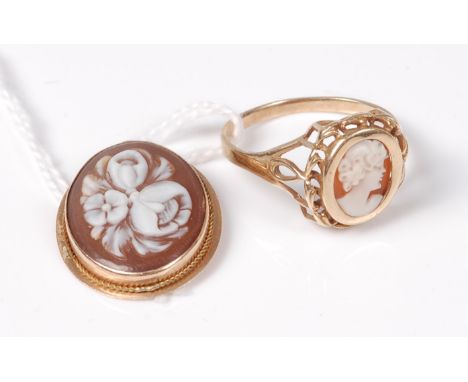 A 9ct cameo ring, size O, and an unmarked yellow precious metal mounted oval shell cameo pendant (4.1g)