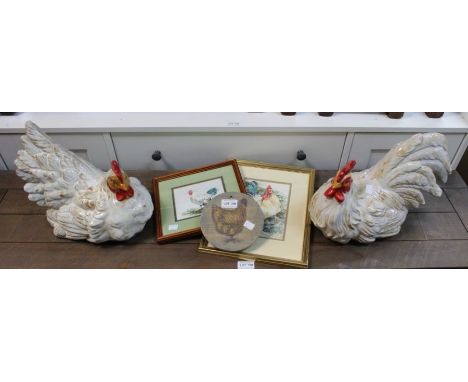 Two large ceramic chickens together with three chicken pictures