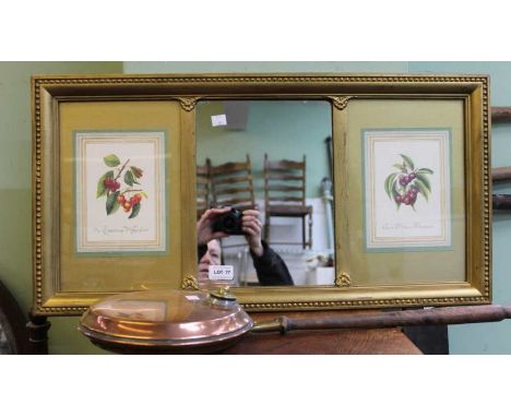 A brass warming pan and a gilt mirror
