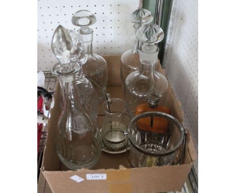 Selection of glass decanters and stoppers, hip flask, ice bucket, labels etc