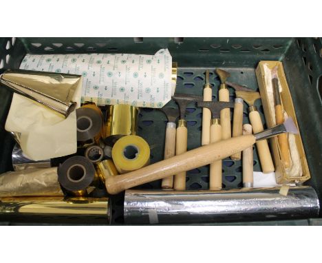 Book Binding Equipment. Six gold finishing hand tools comprising flat, semi-elliptical &amp; mitre line &amp; decorative pall
