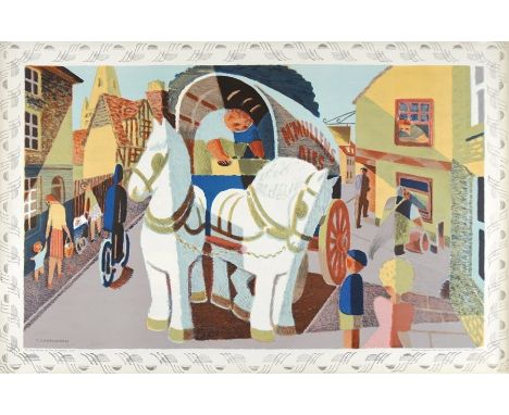 Tom Gentleman (1882-1966)
Colour lithograph 
"The Grey Horse", First Series No.11, two grey horses pulling a car, in street s