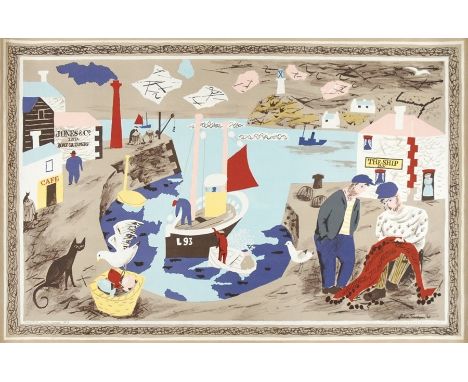 Julian Trevelyan (1910-1988) 
Colour lithograph 
"Harbour", First Series No.9 (1937-1938), boat coming in from harbour and tw