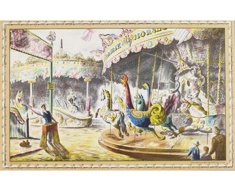 Barbara Jones (1912-1978) 
Colour lithograph 
"Fairground", First Series No.2 (1937-1938), children on fairground rides,  49c