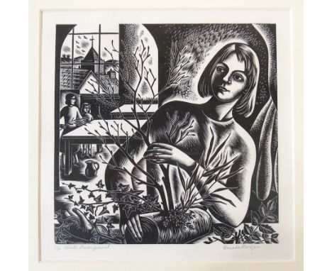 Gwenda Morgan (b.1908)
Wood engraving 
"Winter Arrangement", figure flower arranging, 5/50, signed and labelled in pencil