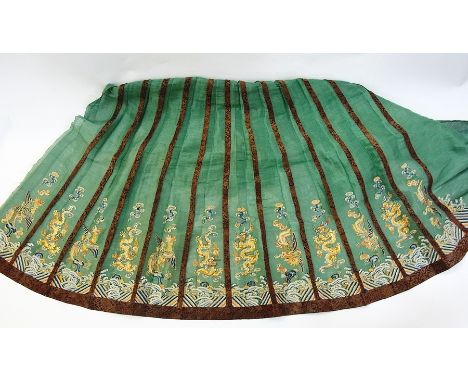 Pair Chinese silk embroidered borders in panel, bird, floral and scroll decorated and embroidered pleated skirt panel with go