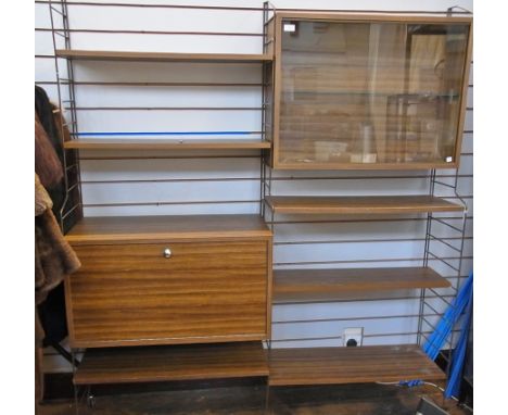 Mid 20th century Ladderax style shelf unit, teak effect with wire metalwork frame and shelves