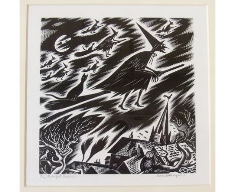 Gwenda Morgan (b.1908)
Wood engraving 
"Midnight Madness" depicting witches and cats on broomsticks above rooftops, 18/50, si