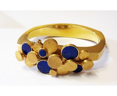 14K modernist style Danish(?) bangle of angular shape and having 14K gold and lapis lazuli attachment/brooch in the form of n