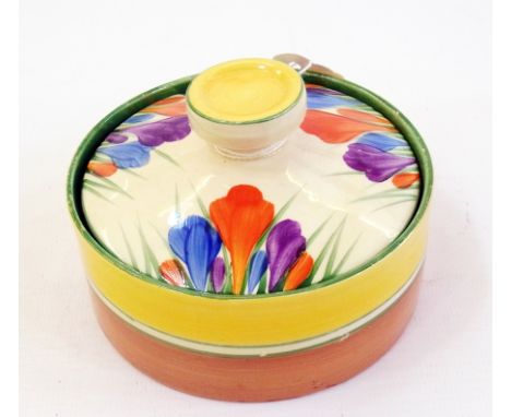 Clarice Cliff "Crocus" pattern circular lidded preserve pot, Carltonware moulded butter dish and knife (boxed), Wedgwood Jasp