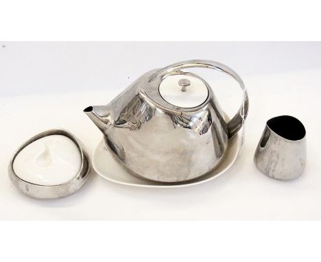 Georg Jensen "Helena" tea service designed by Helena Rohner 2007, with sugar bowl, cream jug, teapot and teapot stand 