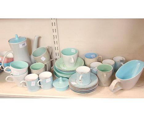 Poole grey and pale blue coffee pot with similar cups and saucers, Poole grey and blue gravy boat, set of six Royal Worcester