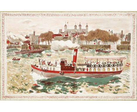 Edwin La Dell (1914-1970)  
Colour lithograph 
"The Tower of London", First Series No.6 (1937-1938), pleasure steamer going p