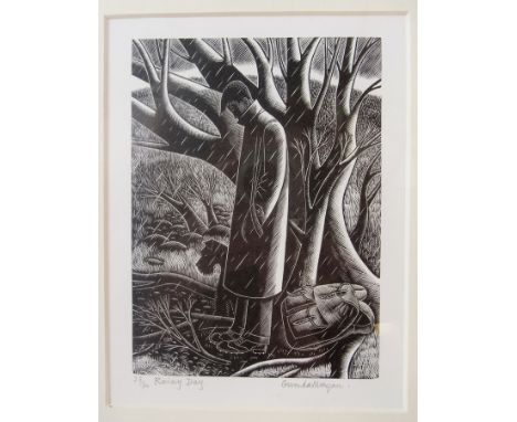 Gwenda Morgan (b.1908)
Wood engraving 
"Rainy Day", gentleman with dog and rucksack sheltering beneath tree, 23/30, signed an