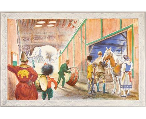 Russell Reeve
Colour lithograph
"The Elephant Act", Second Series No.17 (1938), depicting circus, onlookers watching the elep