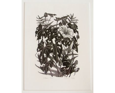 Monica Poole (1921-2003)
Wood engraving 
"October", convolvulus, ferns and other leaves partly eaten, 13/100, signed and titl