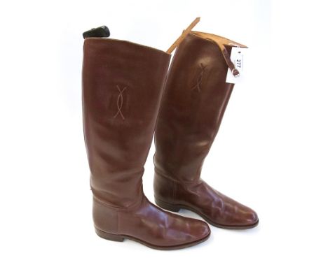 Pair Slad lady's brown riding boots with garter straps, boot pulls, labelled "Slad, established 1789 Worcester, Cheltenham, C