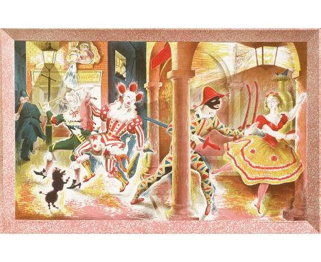 Clarke Hutton (1898-1984) 
Colour lithograph 
"Harlequinade", Second Series No.13 (1938), figures in stone arch, 49cm x 75cm 