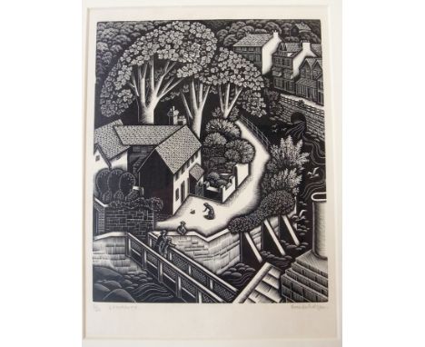 Gwenda Morgan (b.1908)
Wood engraving 
"Lynmouth", aerial view of figures on bridge across the river, 5/50, signed and titled