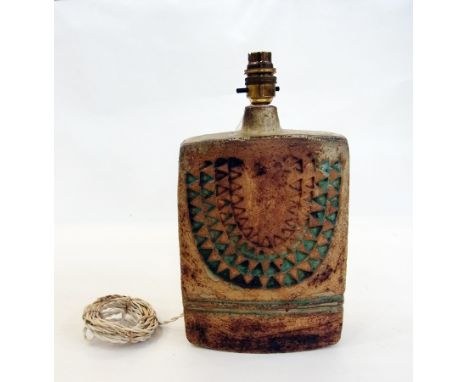 Studio pottery table lamp, possibly Scandinavian, stepped top to cylindrical base, mottled blue ribbed decoration having rais