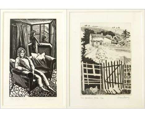 Rosalind Bliss 
Wood engraving
"The Sofa", figure seated, 4/50 
June Berry
Wood engraving
"The Garden Gate", 1/100, both sign