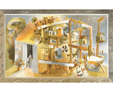 Hans Tisdall (1910-1997) 
Colour lithograph
"Fisherman's Hut", Series 2 No.14 (1938), birds in their bird boxes surrounding a