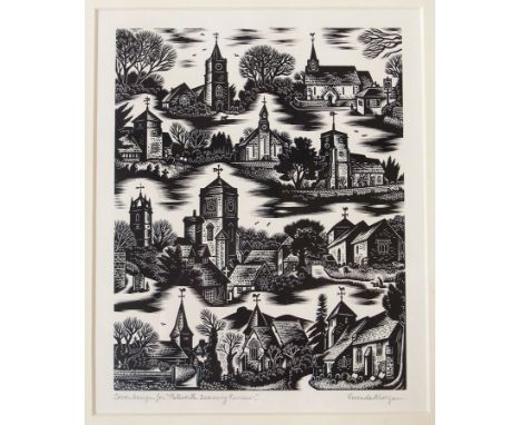 Gwenda Morgan (b.1908)
Wood engraving 
""Cover Design" for "Petworth Deanery Review"", depicting various churches, signed and