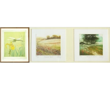 Jo Barry 
Pair colour prints 
"Summer Spent" and "Heavy with Dreams" and
P R Collins
"Dragonfly", 9/100, signed 